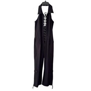 Xi Atelier Elegant‎ Black Lace-Up Plunging Neck Halter Capri Jumpsuit